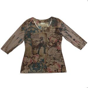 Vintage Y2K Fantazia Womens American Cowgirl Tunic Pullover VNeck 3/4 Sleeve L